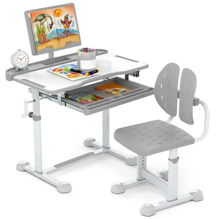 Kid’s Study Desk and Chair Set with Tilt Desktop and Book Stand-Gray - Gray - Kids Table & Chair Sets