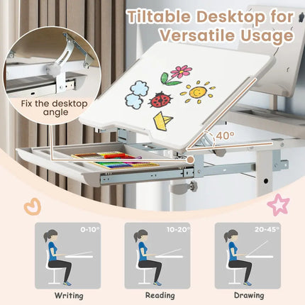 Kid’s Study Desk and Chair Set with Tilt Desktop and Book Stand-Gray - Gray - Kids Table & Chair Sets