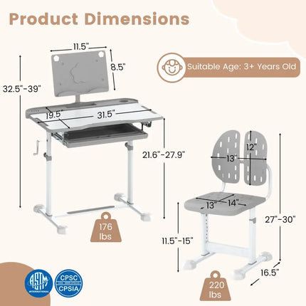 Kid’s Study Desk and Chair Set with Tilt Desktop and Book Stand-Gray - Gray - Kids Table & Chair Sets