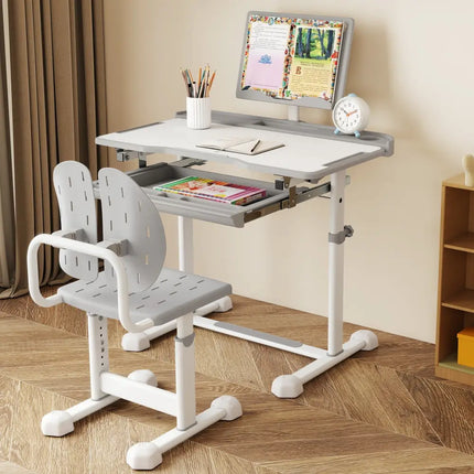 Kid’s Study Desk and Chair Set with Tilt Desktop and Book Stand-Gray - Gray - Kids Table & Chair Sets