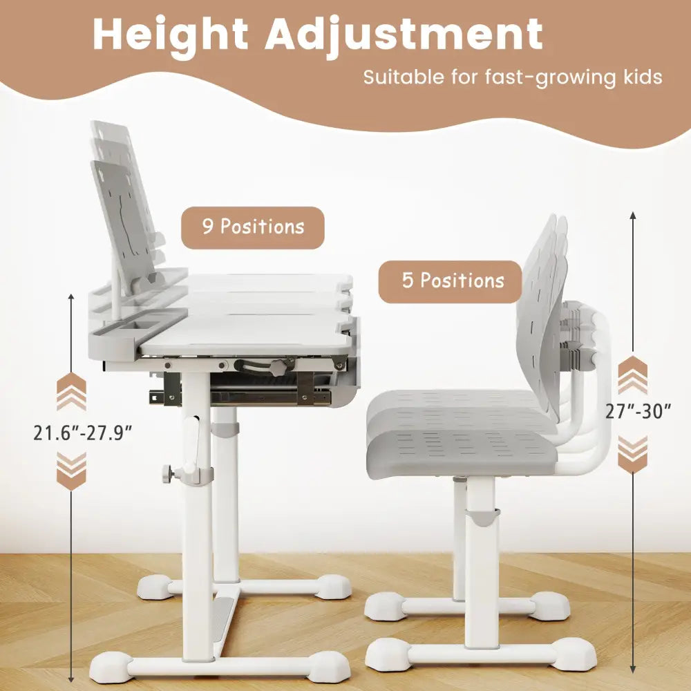 Kid’s Study Desk and Chair Set with Tilt Desktop and Book Stand-Gray - Gray - Kids Table & Chair Sets