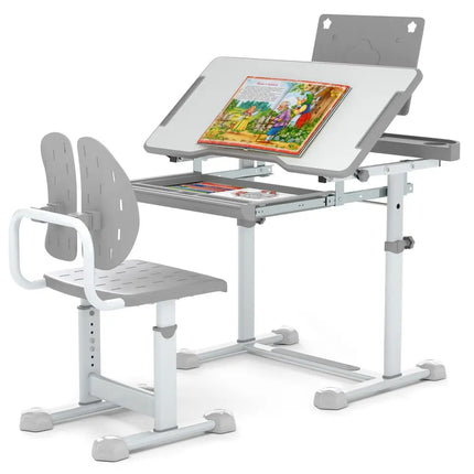 Kid’s Study Desk and Chair Set with Tilt Desktop and Book Stand-Gray - Gray - Kids Table & Chair Sets