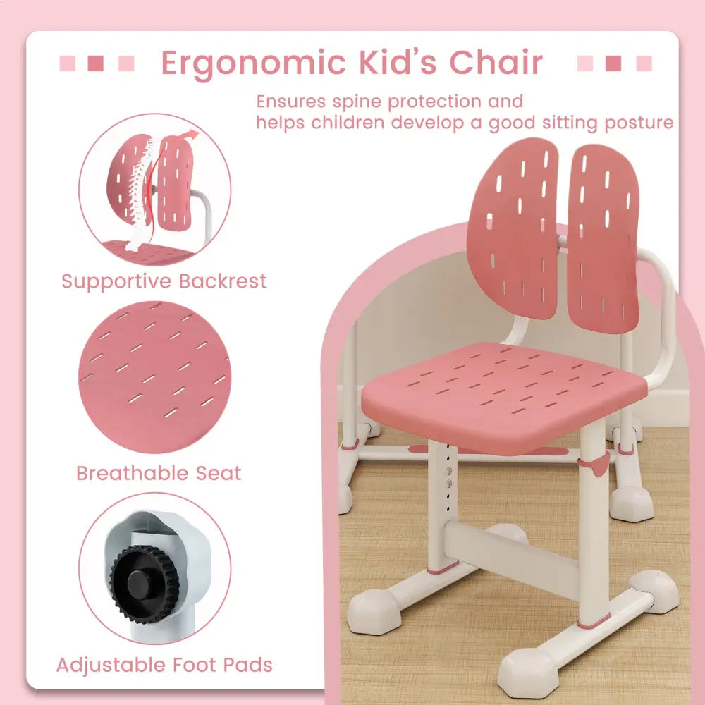 Kid’s Study Desk and Chair Set with Tilt Desktop and Book Stand-Pink - Pink - Kids Table & Chair Sets