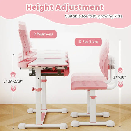 Kid’s Study Desk and Chair Set with Tilt Desktop and Book Stand-Pink - Pink - Kids Table & Chair Sets