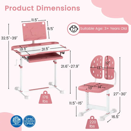 Kid’s Study Desk and Chair Set with Tilt Desktop and Book Stand-Pink - Pink - Kids Table & Chair Sets