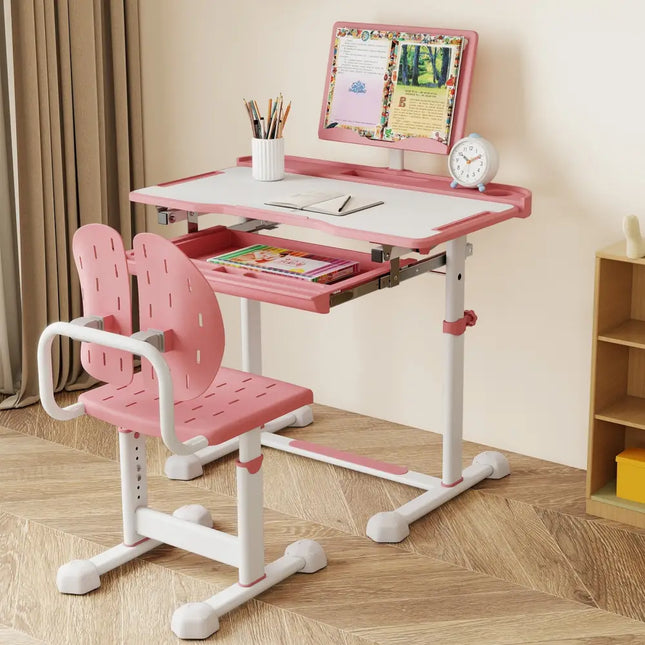 Kid’s Study Desk and Chair Set with Tilt Desktop and Book Stand-Pink - Pink - Kids Table & Chair Sets