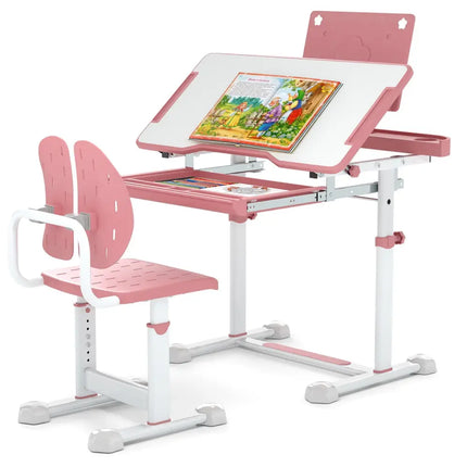 Kid’s Study Desk and Chair Set with Tilt Desktop and Book Stand-Pink - Pink - Kids Table & Chair Sets