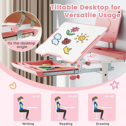 Kid’s Study Desk and Chair Set with Tilt Desktop and Book Stand-Pink - Pink - Kids Table & Chair Sets