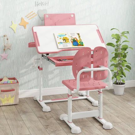 Kid’s Study Desk and Chair Set with Tilt Desktop and Book Stand-Pink - Pink - Kids Table & Chair Sets