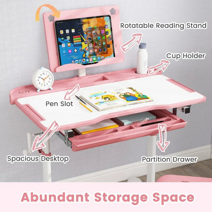 Kid’s Study Desk and Chair Set with Tilt Desktop and Book Stand-Pink - Pink - Kids Table & Chair Sets