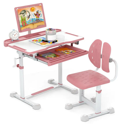 Kid’s Study Desk and Chair Set with Tilt Desktop and Book Stand-Pink - Pink - Kids Table & Chair Sets
