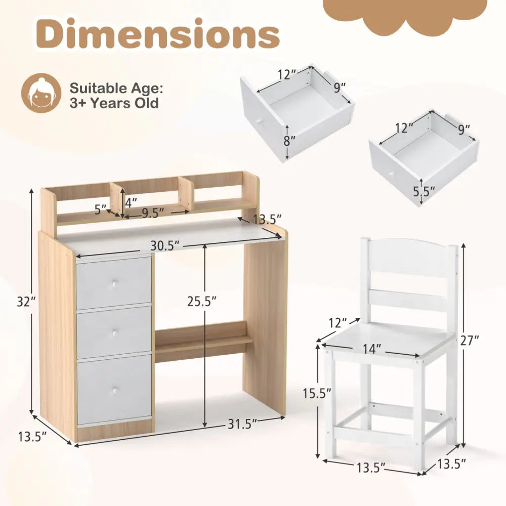 Kids Study Desk and Chair Set Wooden Children Writing Desk with Hutch and Storage Shelf for Arts-Natural - Natural