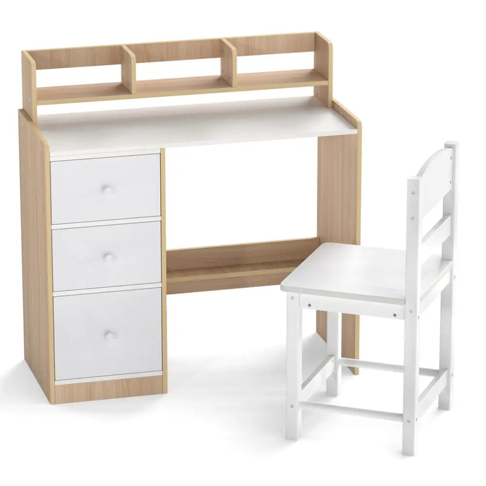 Kids Study Desk and Chair Set Wooden Children Writing Desk with Hutch and Storage Shelf for Arts-Natural - Natural