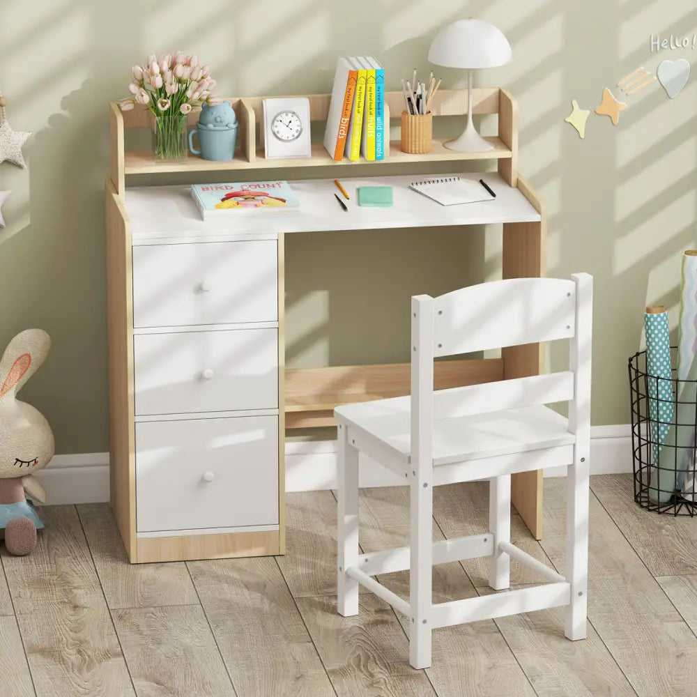 Kids Study Desk and Chair Set Wooden Children Writing Desk with Hutch and Storage Shelf for Arts-Natural - Natural