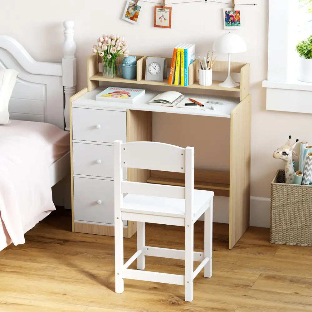 Kids Study Desk and Chair Set Wooden Children Writing Desk with Hutch and Storage Shelf for Arts-Natural - Natural