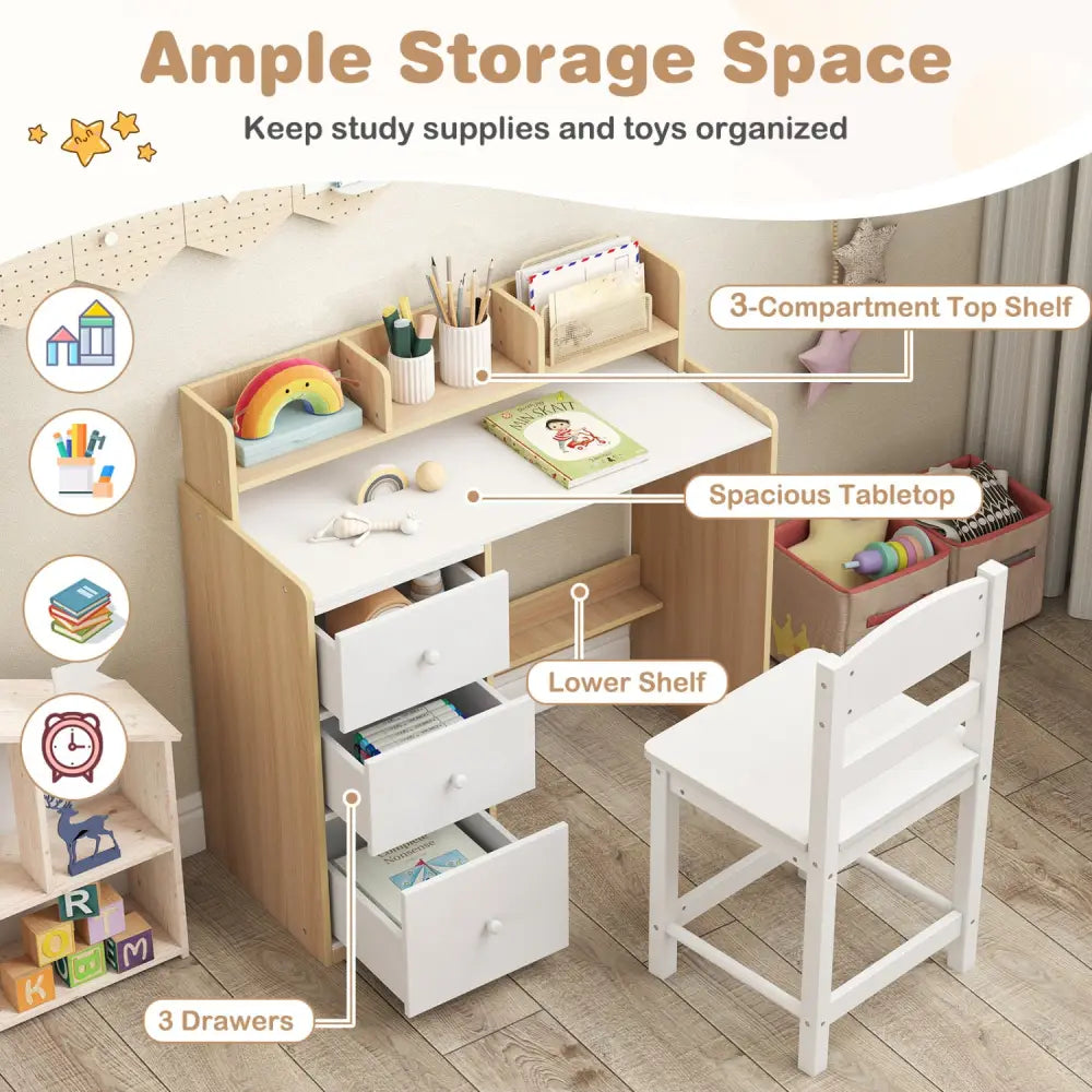 Kids Study Desk and Chair Set Wooden Children Writing Desk with Hutch and Storage Shelf for Arts-Natural - Natural