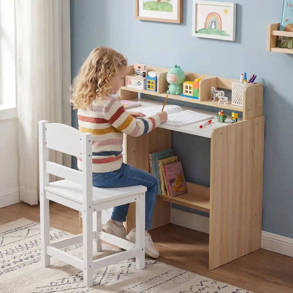 Kids Study Desk and Chair Set Wooden Children Writing Desk with Hutch and Storage Shelf for Arts-Natural - Natural