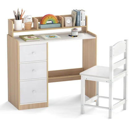 Kids Study Desk and Chair Set Wooden Children Writing Desk with Hutch and Storage Shelf for Arts-Natural - Natural