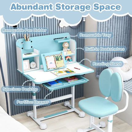 Kid’s Study Desk and with Tilt Desktop and Pen Holder-Blue - Blue - Kids Table & Chair Sets
