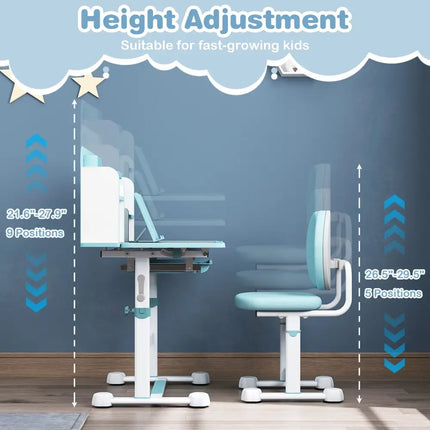 Kid’s Study Desk and with Tilt Desktop and Pen Holder-Blue - Blue - Kids Table & Chair Sets