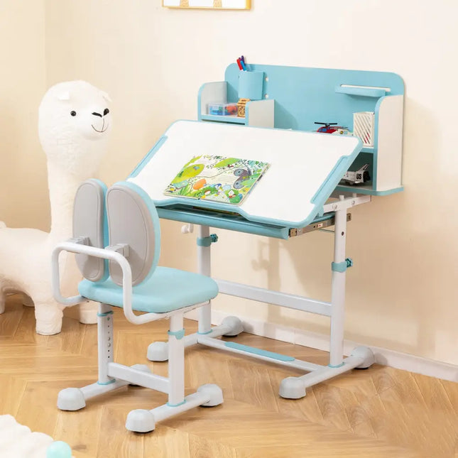 Kid’s Study Desk and with Tilt Desktop and Pen Holder-Blue - Blue - Kids Table & Chair Sets
