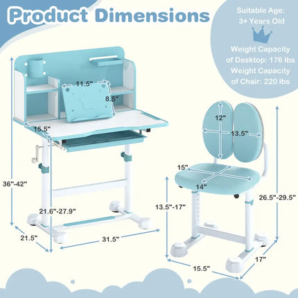Kid’s Study Desk and with Tilt Desktop and Pen Holder-Blue - Blue - Kids Table & Chair Sets