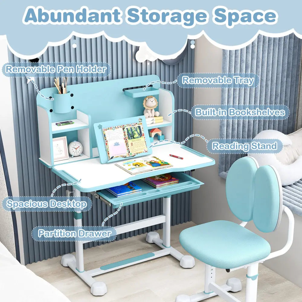 Kid’s Study Desk and with Tilt Desktop and Pen Holder-Blue - Blue - Kids Table & Chair Sets