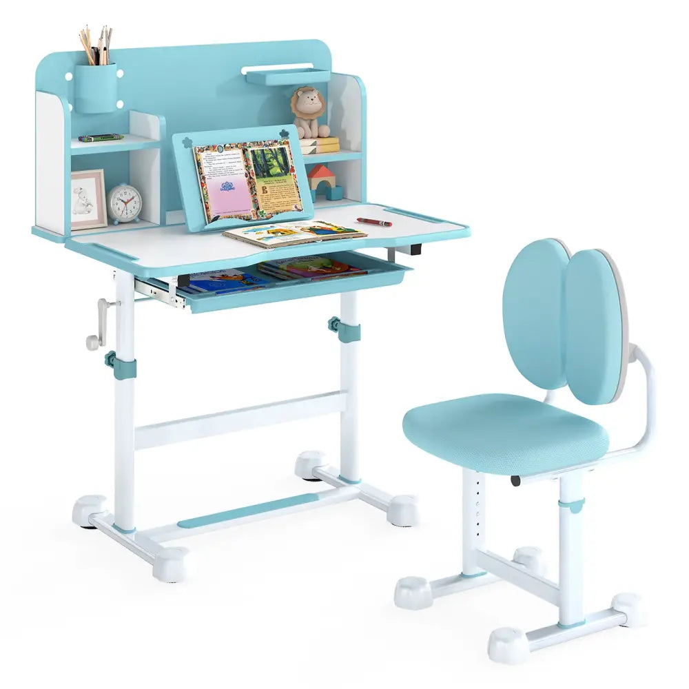 Kid’s Study Desk and with Tilt Desktop and Pen Holder-Blue - Blue - Kids Table & Chair Sets