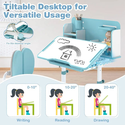 Kid’s Study Desk and with Tilt Desktop and Pen Holder-Blue - Blue - Kids Table & Chair Sets