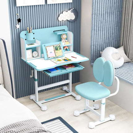 Kid’s Study Desk and with Tilt Desktop and Pen Holder-Blue - Blue - Kids Table & Chair Sets