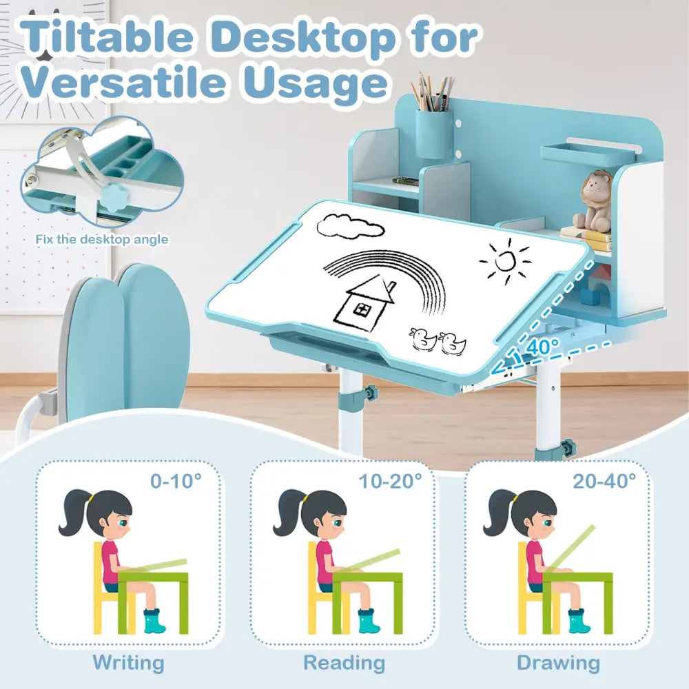 Kid’s Study Desk and with Tilt Desktop and Pen Holder-Blue - Blue - Kids Table & Chair Sets