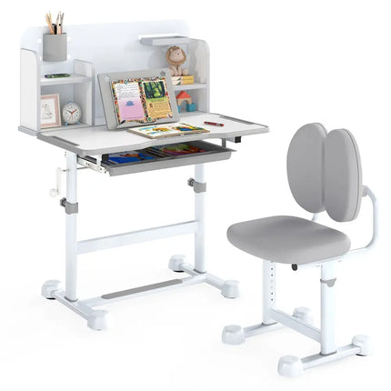 Kid’s Study Desk and with Tilt Desktop and Pen Holder-Gray - Gray - Kids Table & Chair Sets