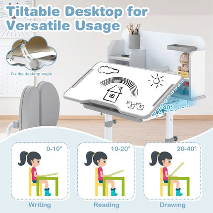 Kid’s Study Desk and with Tilt Desktop and Pen Holder-Gray - Gray - Kids Table & Chair Sets