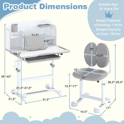 Kid’s Study Desk and with Tilt Desktop and Pen Holder-Gray - Gray - Kids Table & Chair Sets