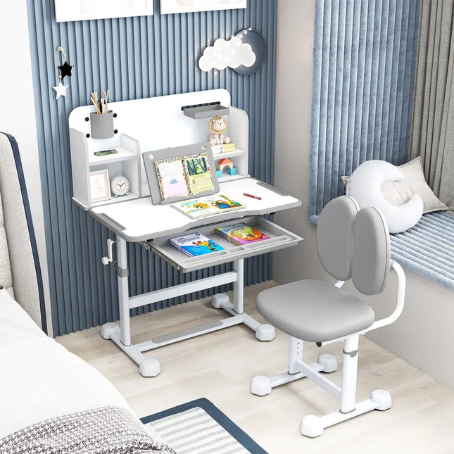 Kid’s Study Desk and with Tilt Desktop and Pen Holder-Gray - Gray - Kids Table & Chair Sets