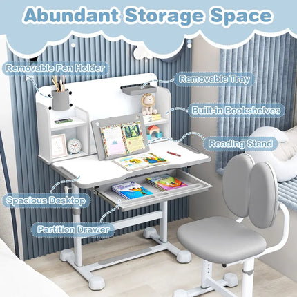 Kid’s Study Desk and with Tilt Desktop and Pen Holder-Gray - Gray - Kids Table & Chair Sets