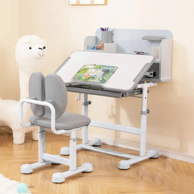 Kid’s Study Desk and with Tilt Desktop and Pen Holder-Gray - Gray - Kids Table & Chair Sets