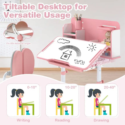 Kid’s Study Desk and with Tilt Desktop and Pen Holder-Pink - Pink - Kids Table & Chair Sets