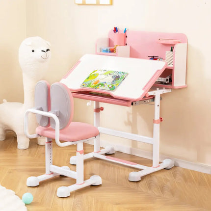 Kid’s Study Desk and with Tilt Desktop and Pen Holder-Pink - Pink - Kids Table & Chair Sets