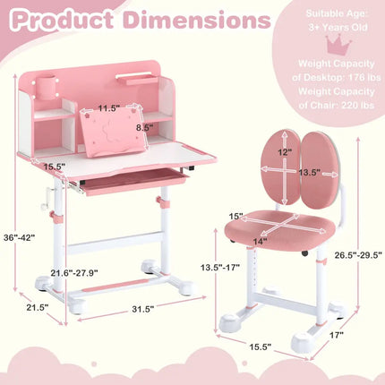 Kid’s Study Desk and with Tilt Desktop and Pen Holder-Pink - Pink - Kids Table & Chair Sets