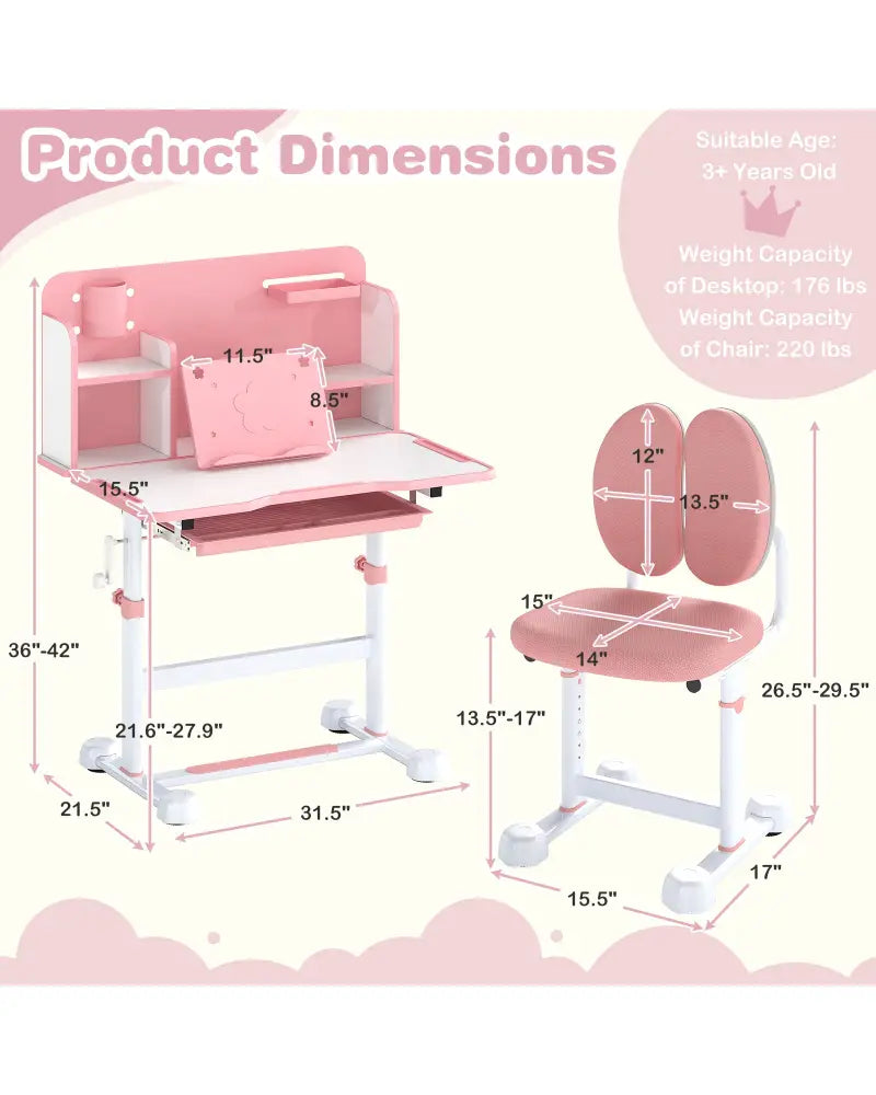 Kid’s Study Desk and with Tilt Desktop and Pen Holder-Pink - Pink - Kids Table & Chair Sets