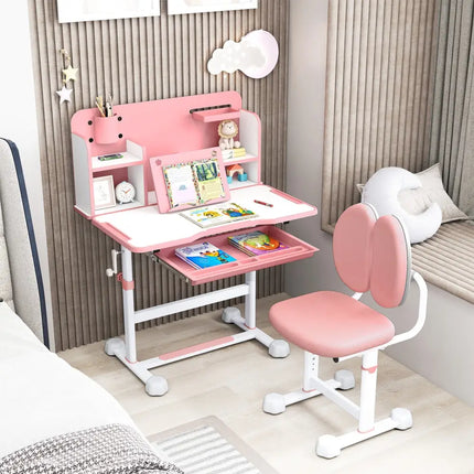 Kid’s Study Desk and with Tilt Desktop and Pen Holder-Pink - Pink - Kids Table & Chair Sets