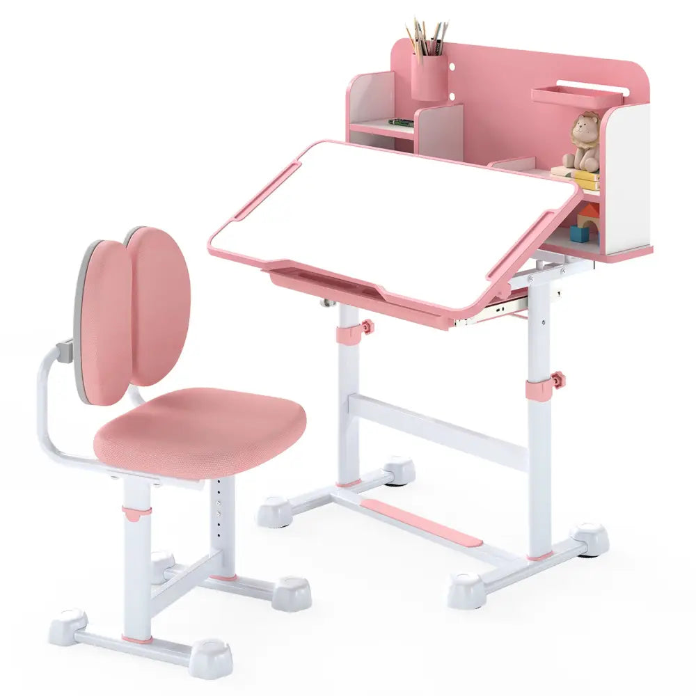 Kid’s Study Desk and with Tilt Desktop and Pen Holder-Pink - Pink - Kids Table & Chair Sets