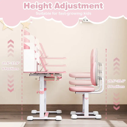 Kid’s Study Desk and with Tilt Desktop and Pen Holder-Pink - Pink - Kids Table & Chair Sets