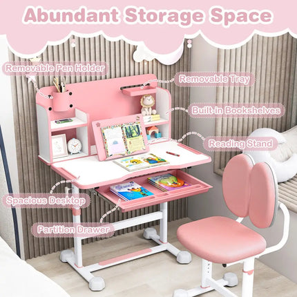 Kid’s Study Desk and with Tilt Desktop and Pen Holder-Pink - Pink - Kids Table & Chair Sets