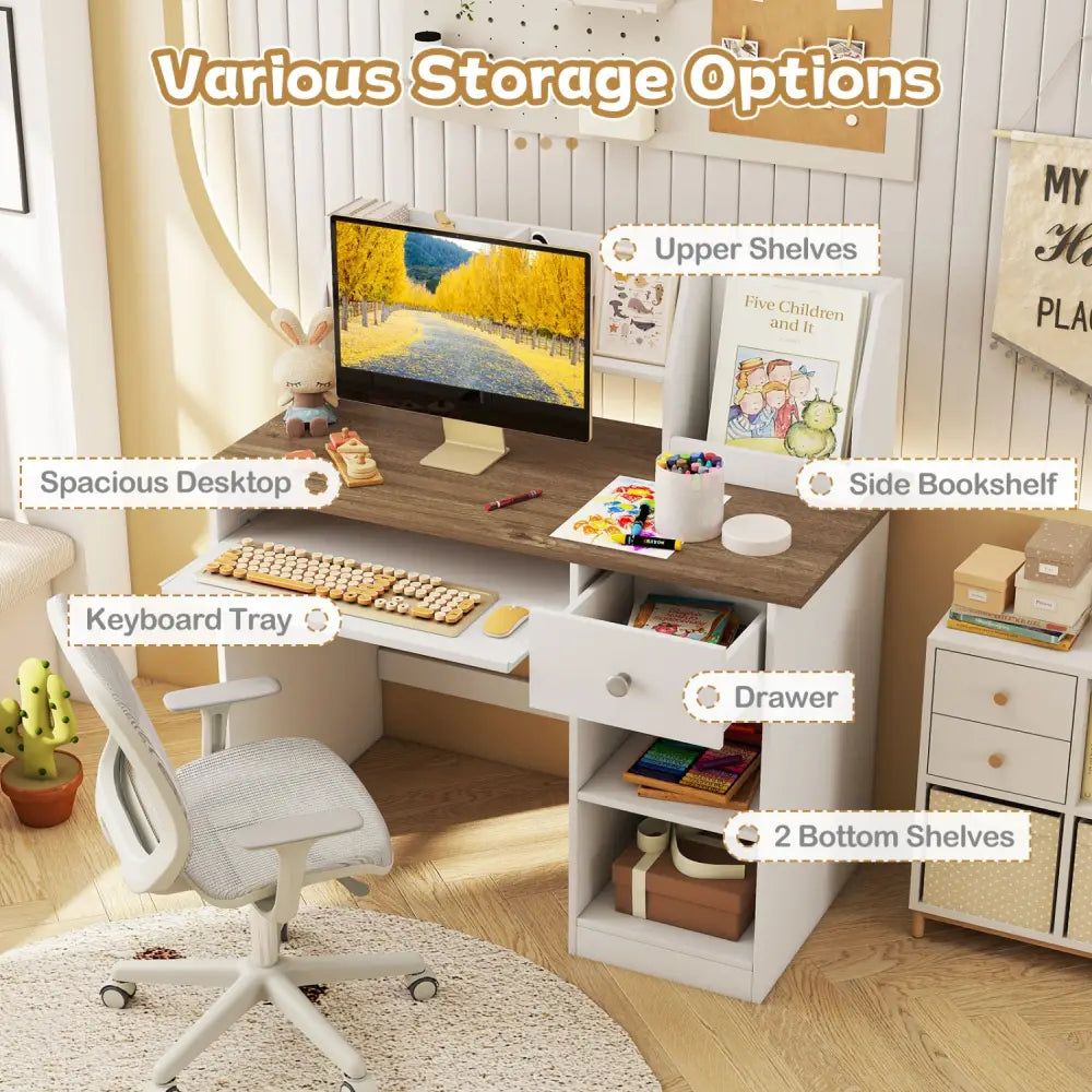 Kids Study Desk Children Writing Table with Drawer Shelves and Keyboard Tray-Natural - Natural & White - Kids Table &