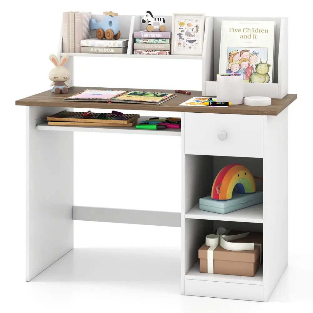 Kids Study Desk Children Writing Table with Drawer Shelves and Keyboard Tray-Natural - Natural & White - Kids Table &