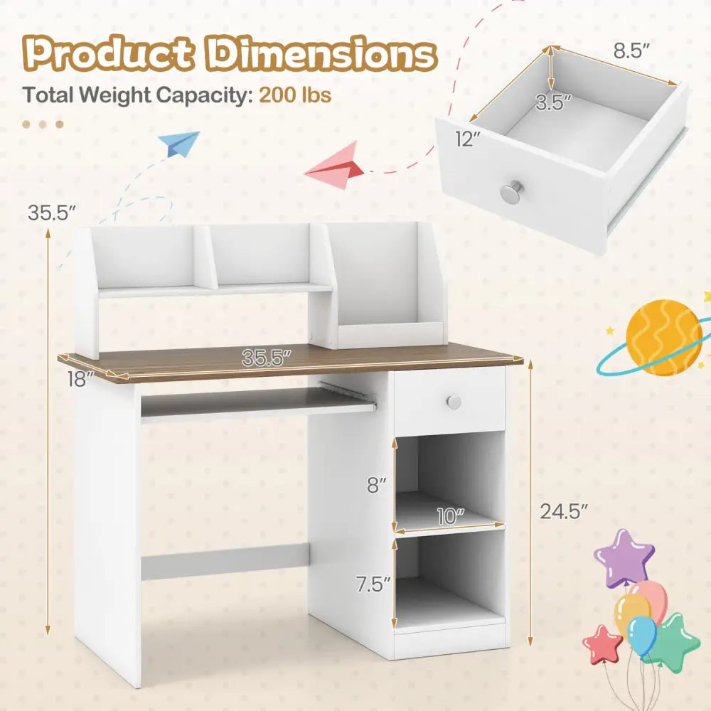 Kids Study Desk Children Writing Table with Drawer Shelves and Keyboard Tray-Natural - Natural & White - Kids Table &