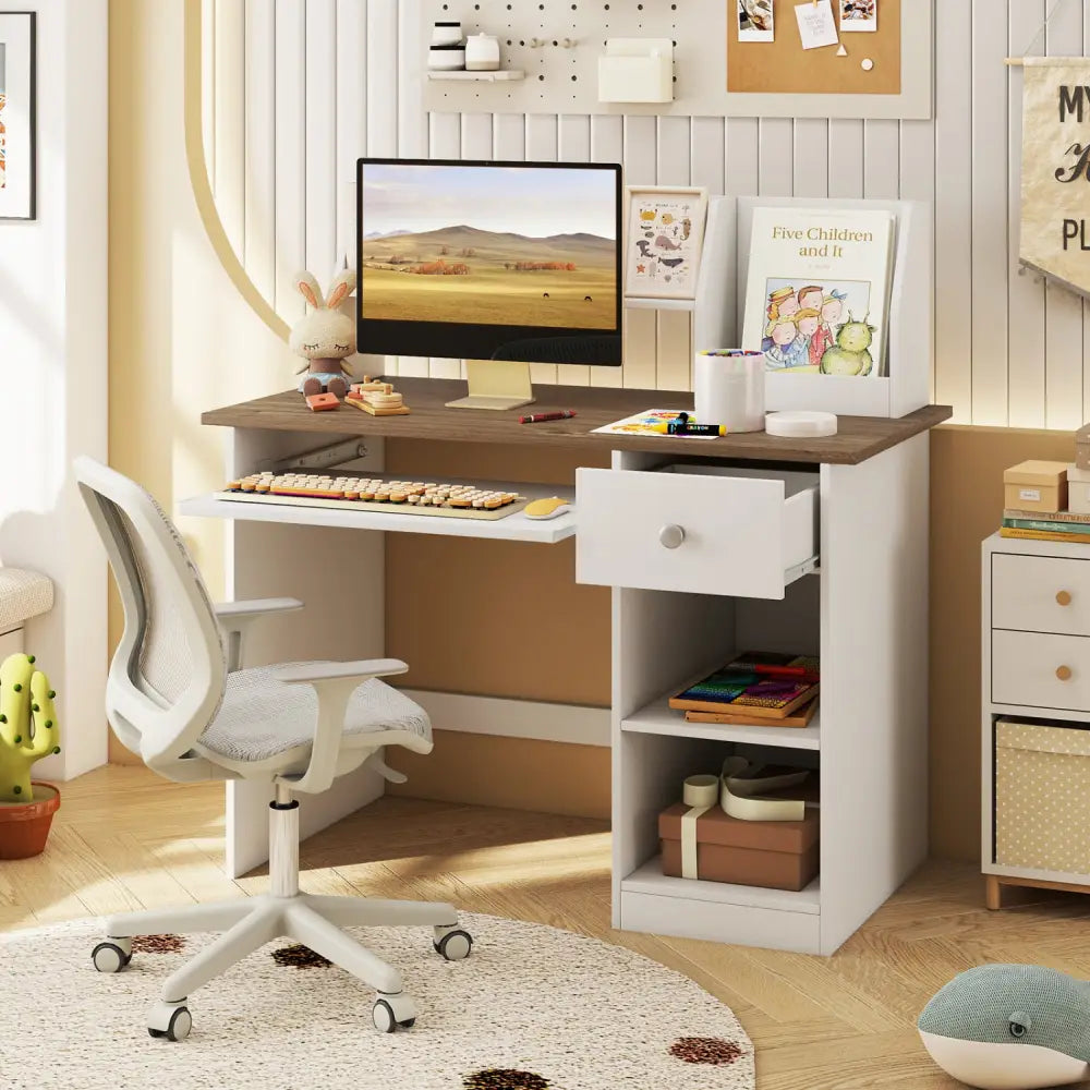 Kids Study Desk Children Writing Table with Drawer Shelves and Keyboard Tray-Natural - Natural & White - Kids Table &