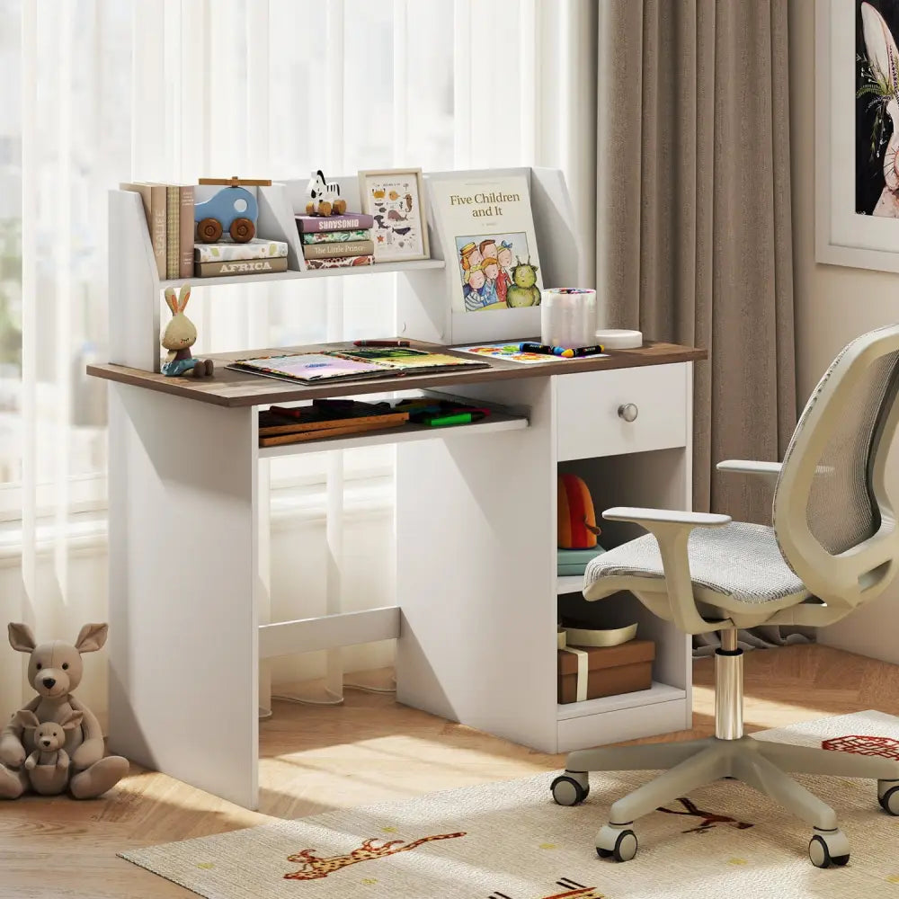 Kids Study Desk Children Writing Table with Drawer Shelves and Keyboard Tray-Natural - Natural & White - Kids Table &